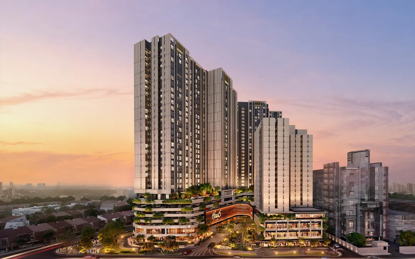 Haus On 15 at dusk: two towers of homes above a terraced, planted podium, with Block C to the right.