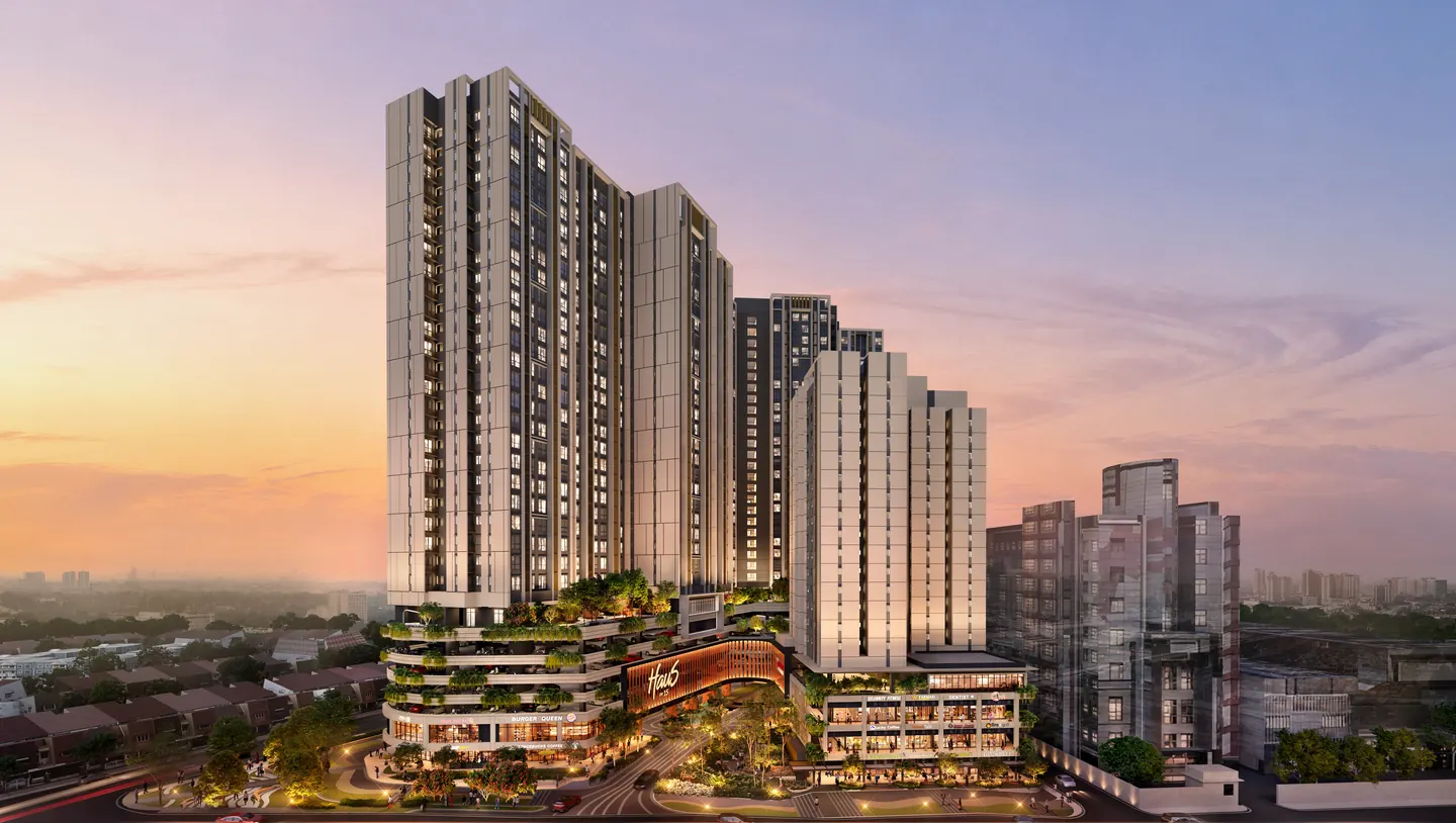 Haus On 15 at dusk: two towers of homes above a terraced, planted podium, with Block C to the right.