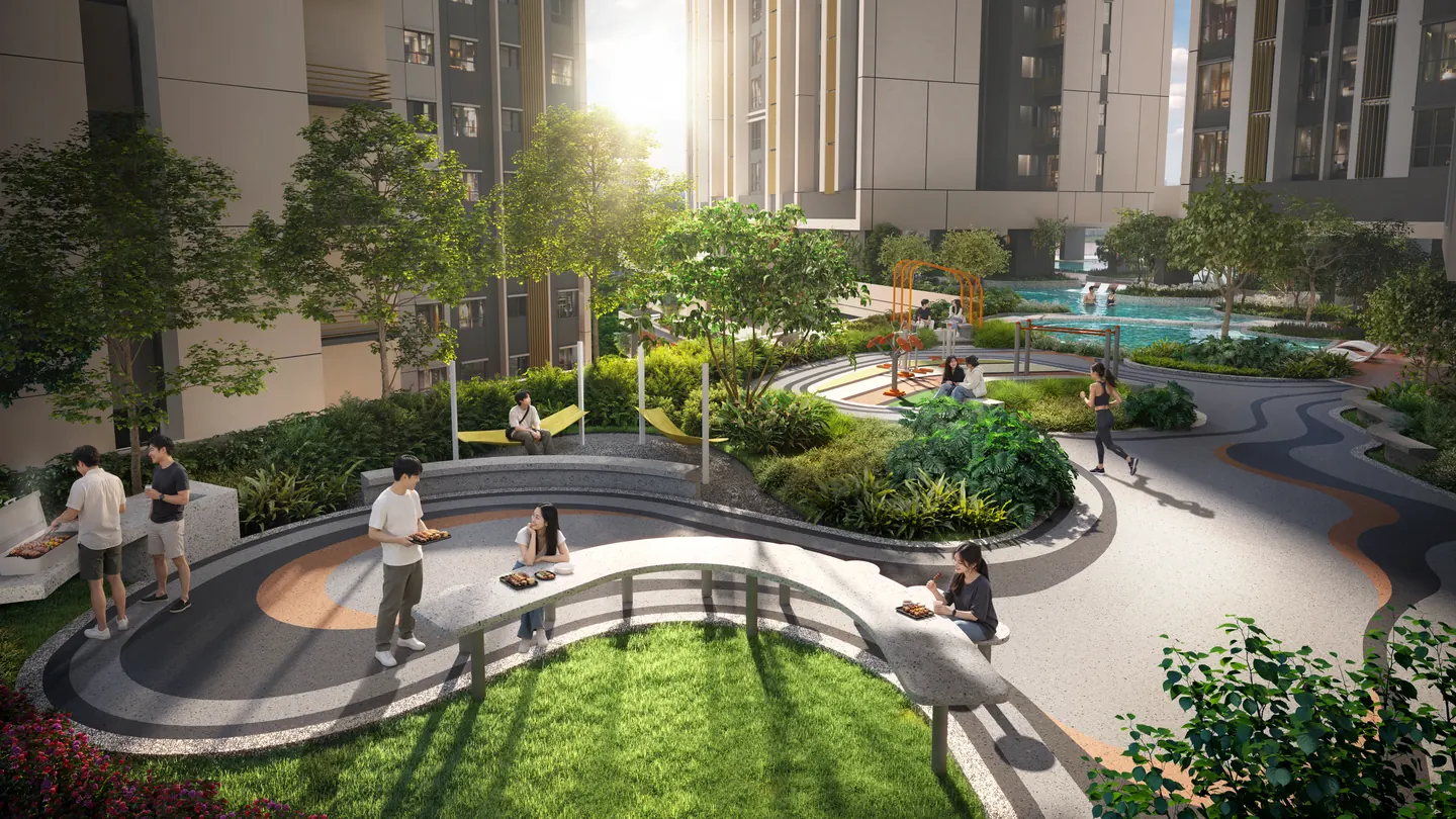 Late sun on Level 7: the barbecue garden, hammocks and paths curving between the lawns.