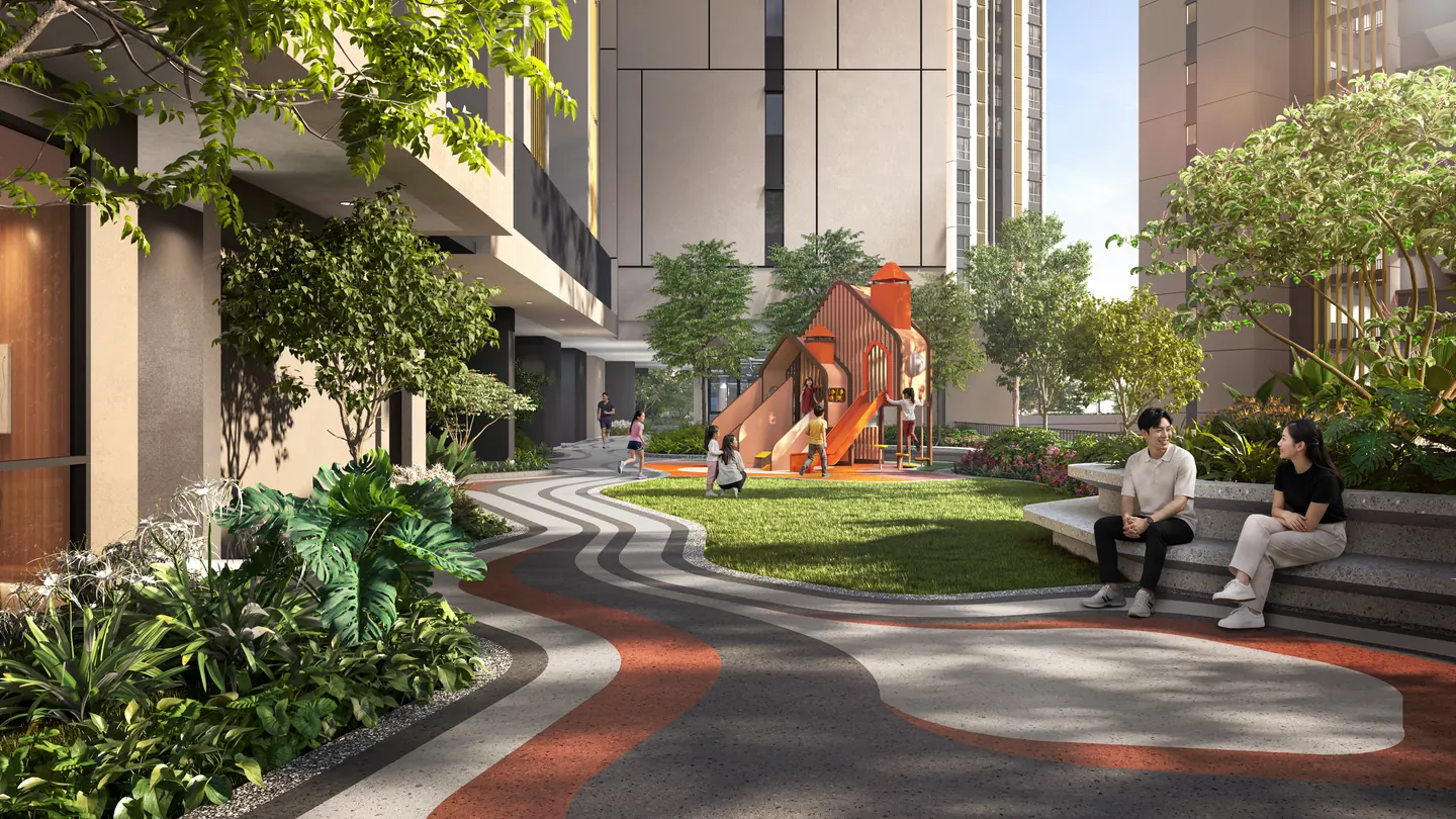 The playground and its lawn on Level 7, beside a winding path.