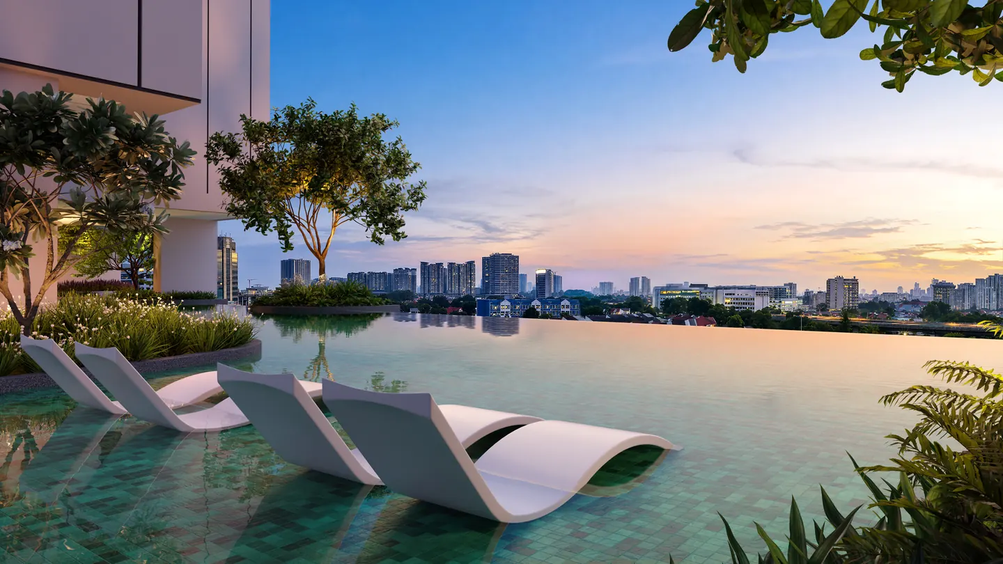 Dusk on Level 7, with loungers set into the shallows of the pool.