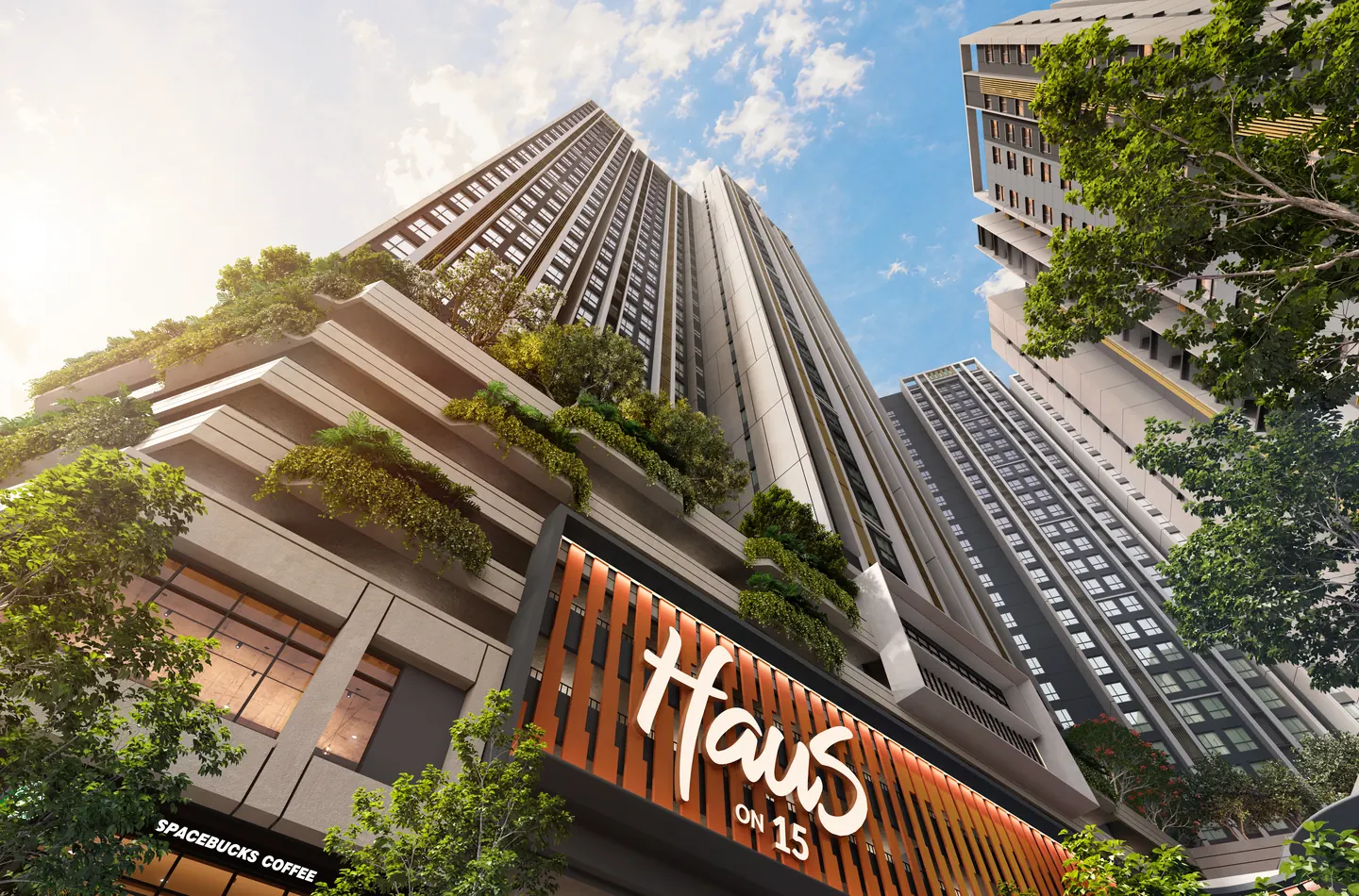 Looking up from the street, past planted terraces and the orange fins of the Haus On 15 sign, to the towers.